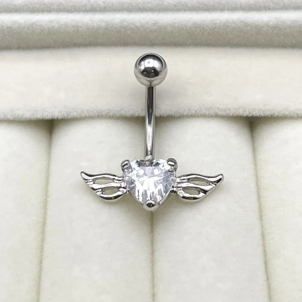 316L Stainless Steel with White Diamond Cubic Zirconia Winged Heart Belly Ring